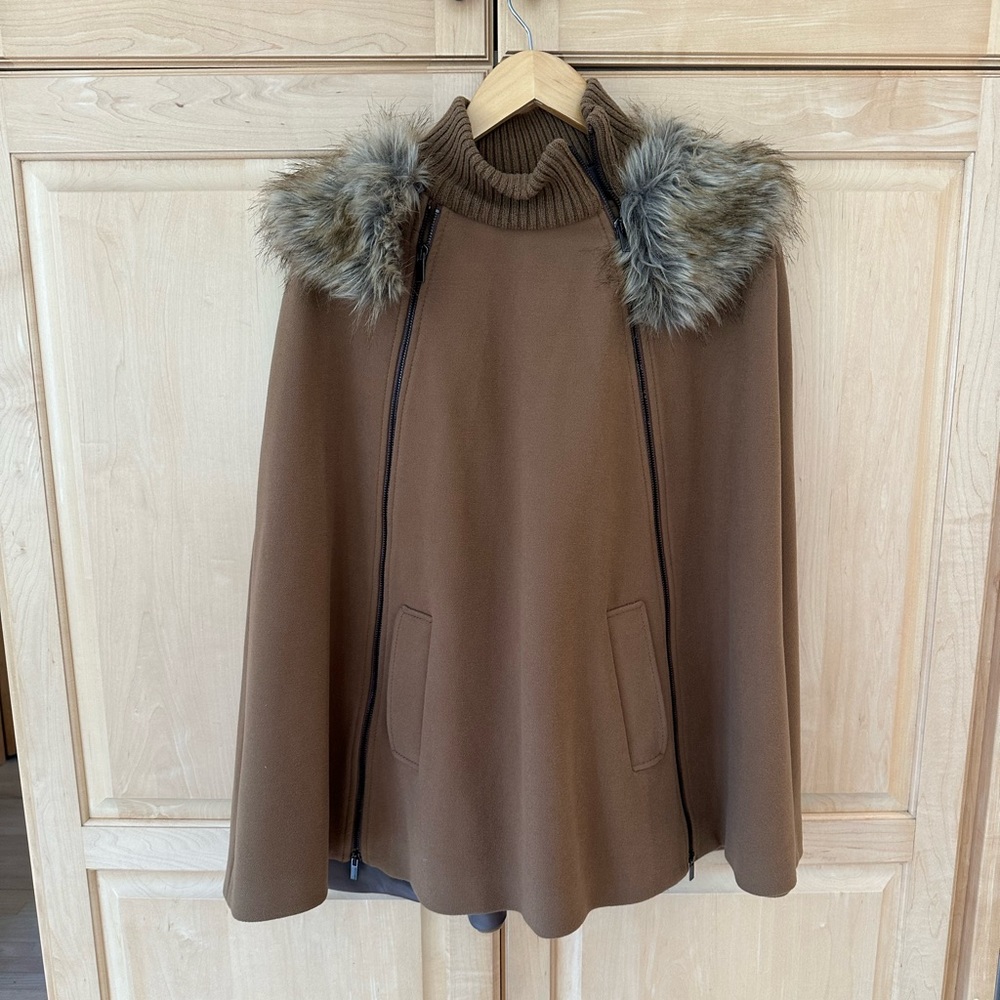 BCBG MAX AZRIA Cape with Removable Faux Fur Collar